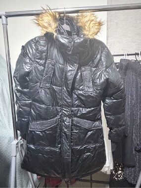 Black Quilted Puffer Coat with Faux-Fur Trim Hood